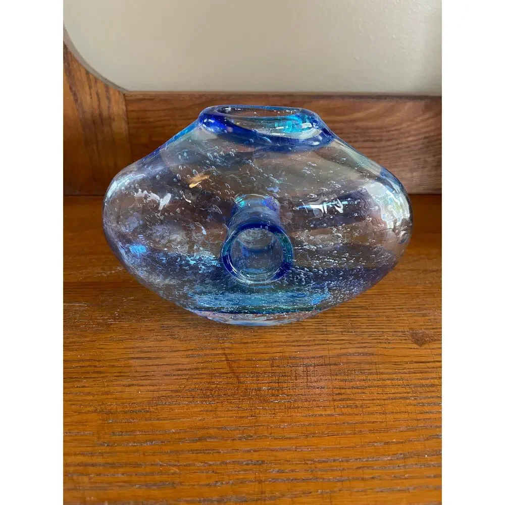 Italian Art Glass Vase with Donut Hole Blue Ribbon Swirls Hand Blown 7